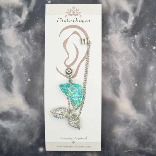 Blue/Silver Mermaid Tail with Silver Chains Pierced Earcuff (EC99249)