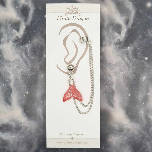 Pale Red Small Mermaid Tail with Silver Chains Pierced Earcuff (EC99256)