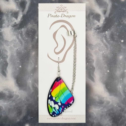 Rainbow Butterfly Wing with Silver Chains Pierced Earcuff (EC99269)