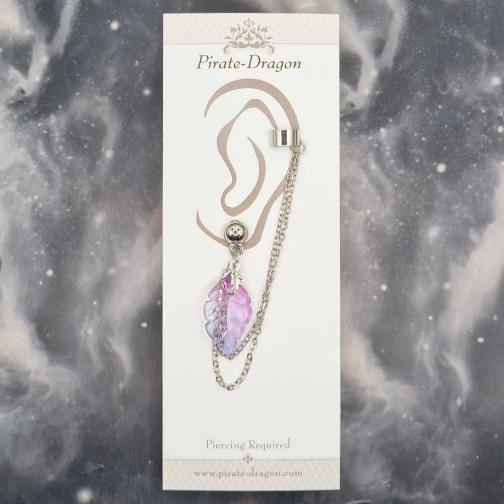 Pink/Purple Leaf with Silver Chains Pierced Earcuff (EC99275)