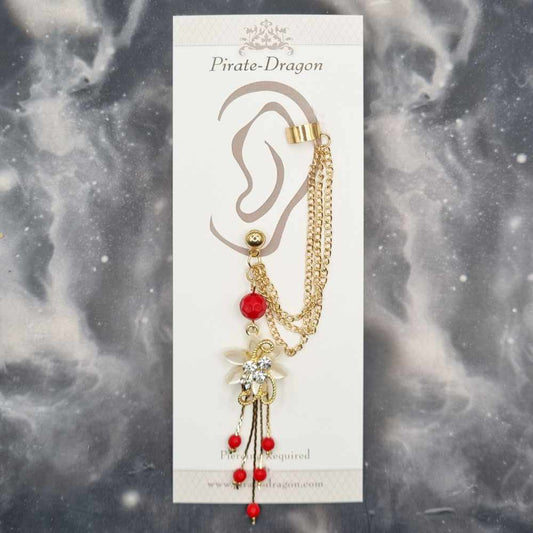 Red Flower with Gold Chains Pierced Earcuff (EC99302)