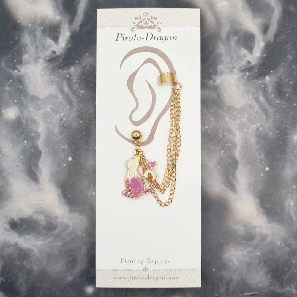 Pink/White Cat with Gold Chains Pierced Earcuff (EC99320)