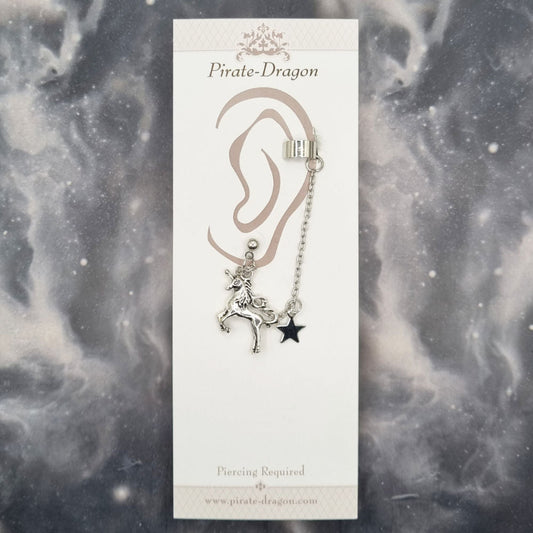 Silver Unicorn with Silver Chains Pierced Earcuff (EC99933)