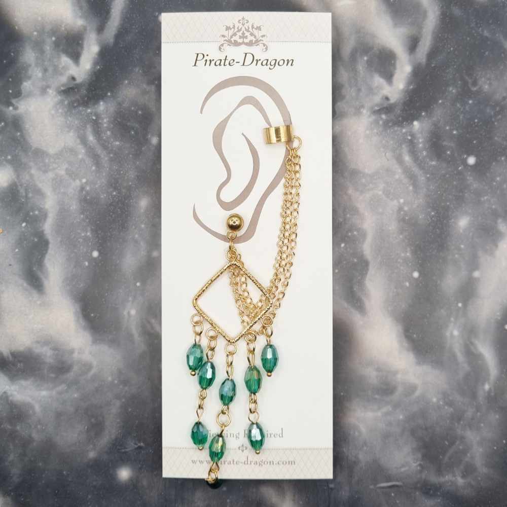 Green Gem Drop with Gold Chains Pierced Earcuff (EC99332)