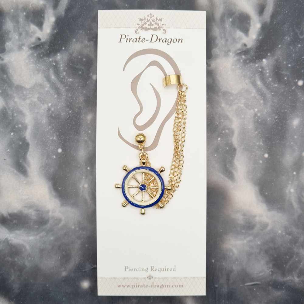 Blue/White Ships Wheel with Gold Chains Pierced Earcuff (EC99334)