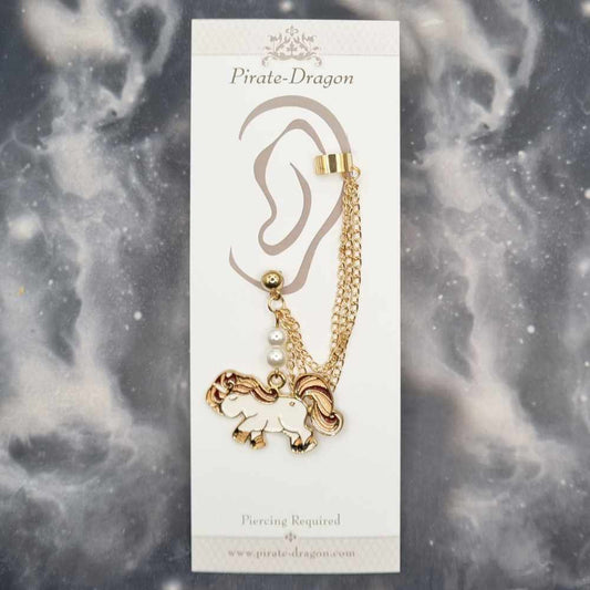 White Horse with Gold Chains Pierced Earcuff (EC99335)