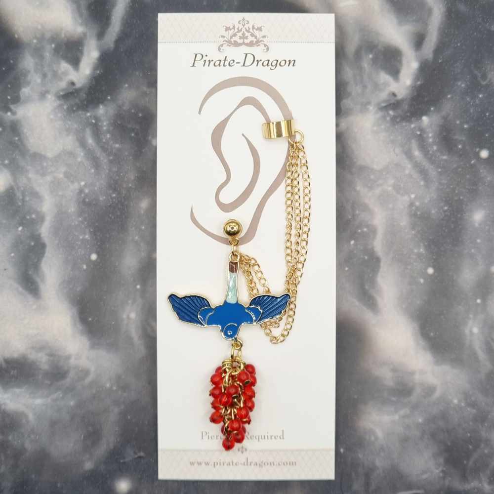 Blue Bird with Red Berries Drop & Gold Chains Pierced Earcuff (EC99338)