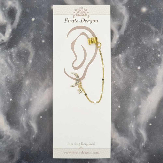 Gold Gem Moon with Gold Chain Pierced Earcuff (EC99348)