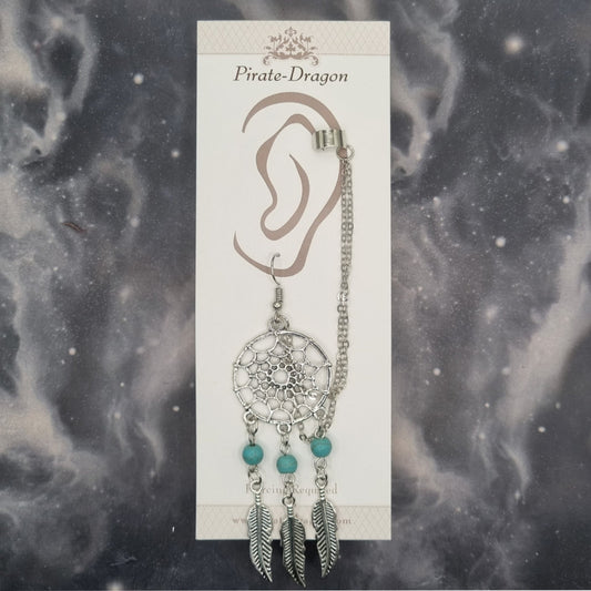 Silver & Blue Dreamcatcher on Silver Chains Pierced Earcuff (EC99354)