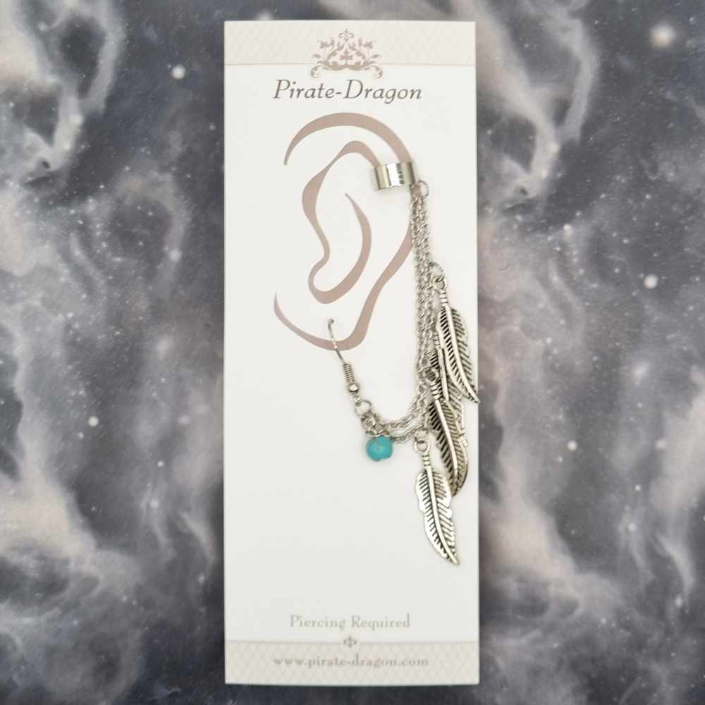 Blue Bead with Feathers on Silver Chains Pierced Earcuff (EC99366)