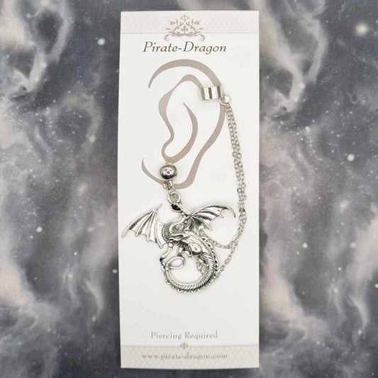 Silver Dragon with Silver Chains Pierced Earcuff (EC99372)