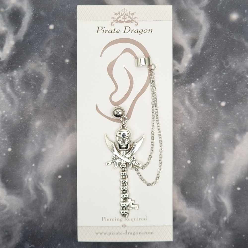 Silver Skull Key with Silver Chains Pierced Earcuff (EC99392)