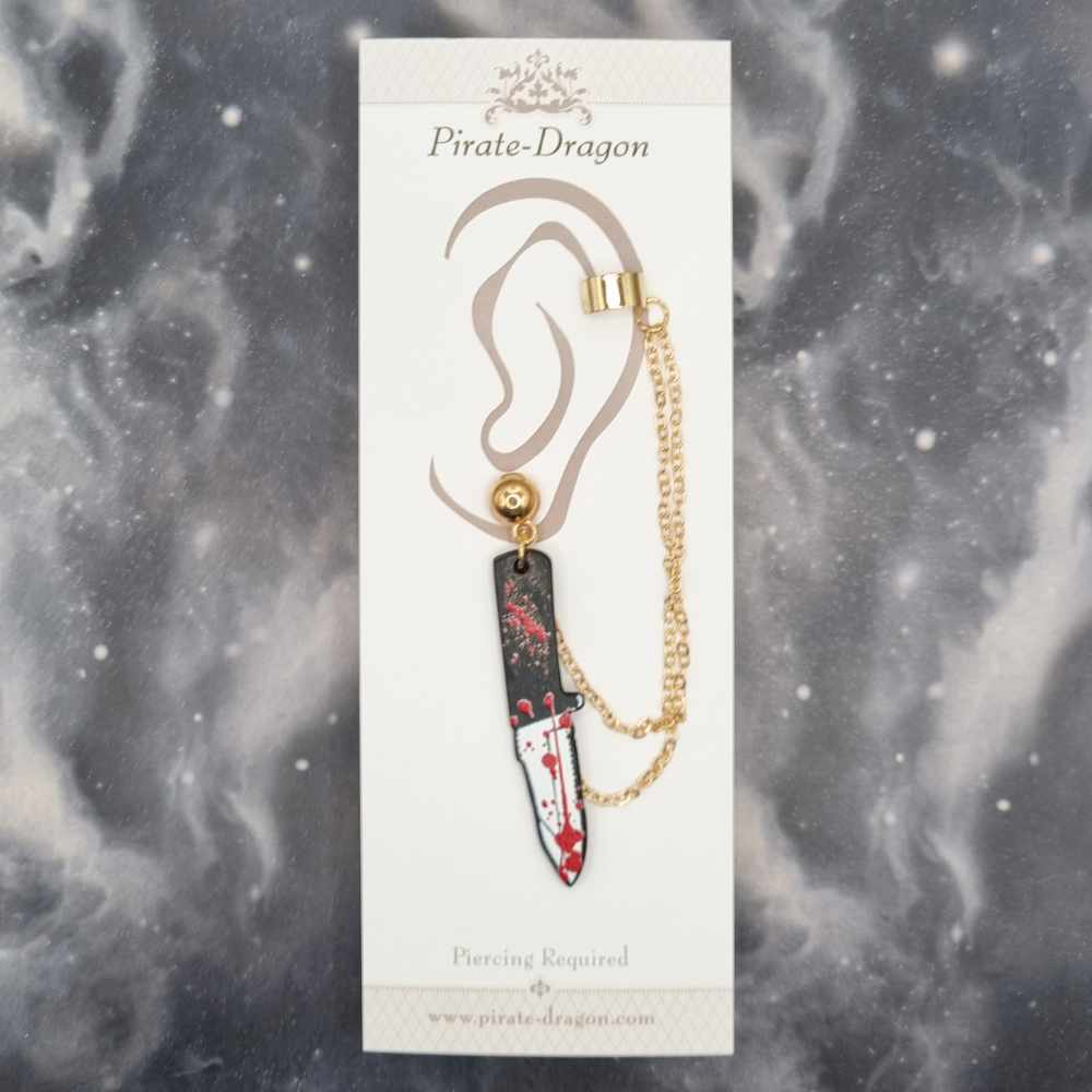 Bloody Black Knife with Gold Chains Pierced Earcuff (EC99403)