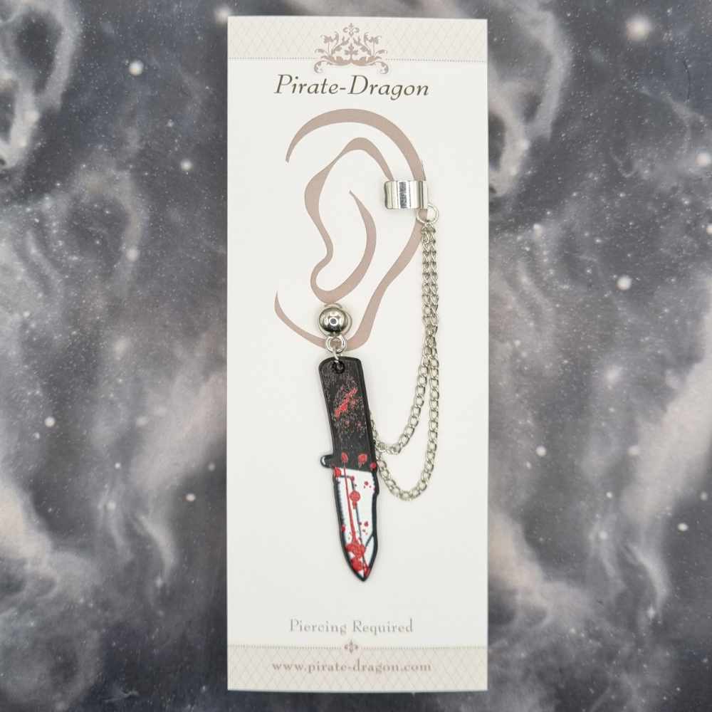 Bloody Black Knife with Silver Chains Pierced Earcuff (EC99409)