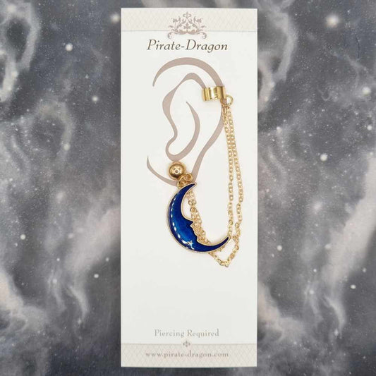 Blue Crescent Moon with Gold Chains Pierced Earcuff (EC99424)