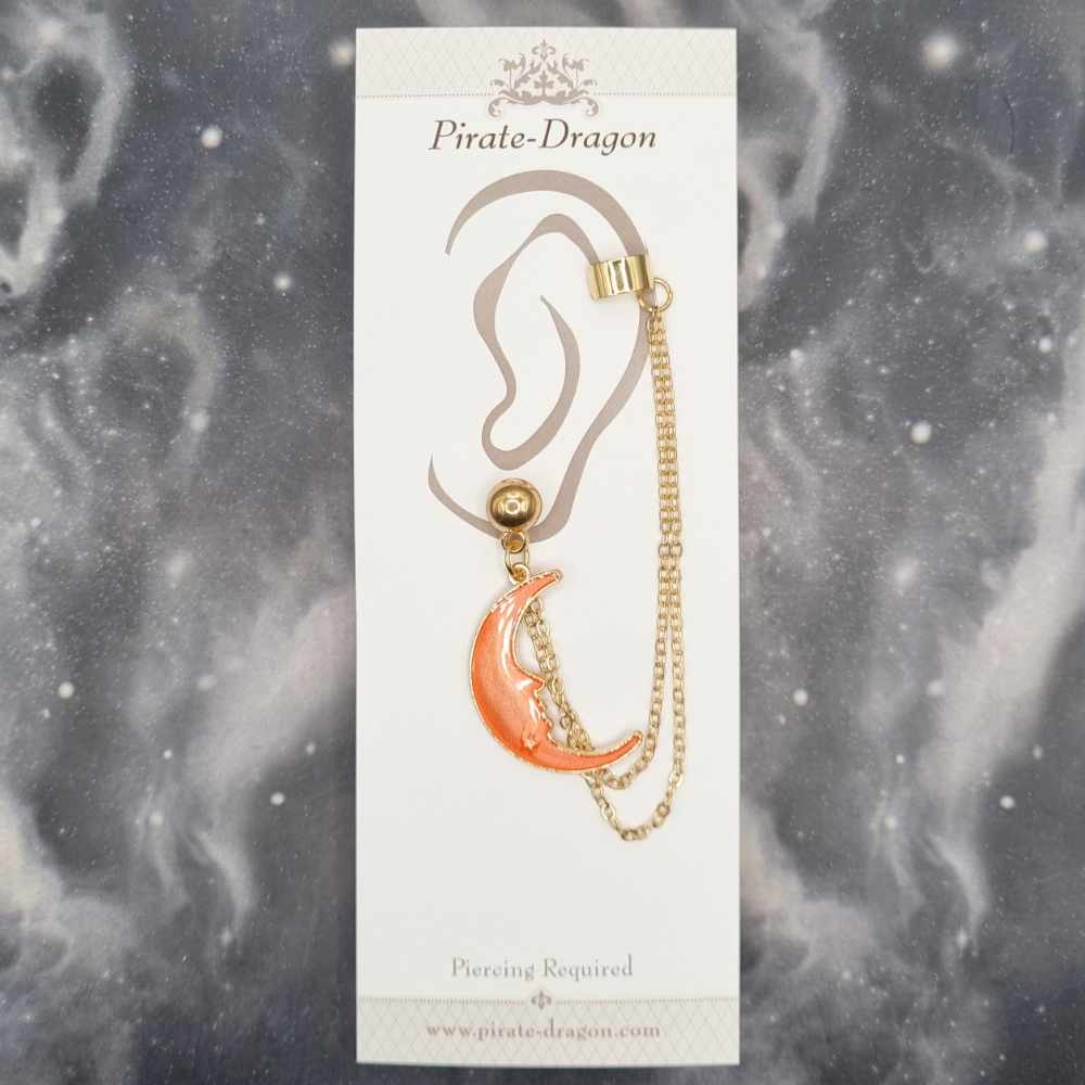 Orange/Peach Crescent Moon with Gold Chains Pierced Earcuff (EC99428)