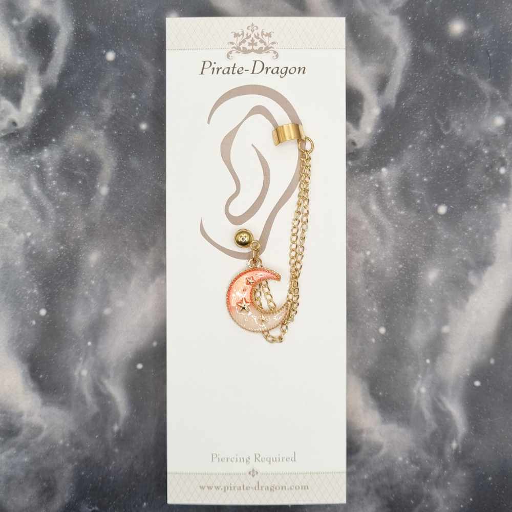 Peach & Cream Crescent Moon with Gold Chains Pierced Earcuff (EC99433)