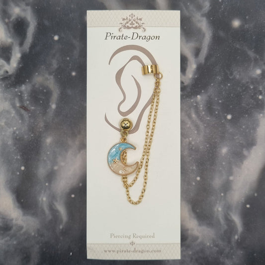 Blue/Cream Crescent Moon with Gold Chains Pierced Earcuff (EC99434)