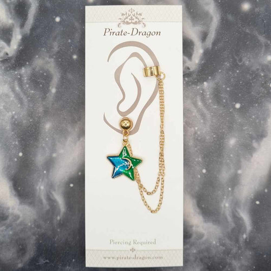 Blue & Green Star with Gold Chains Pierced Earcuff (EC99437)