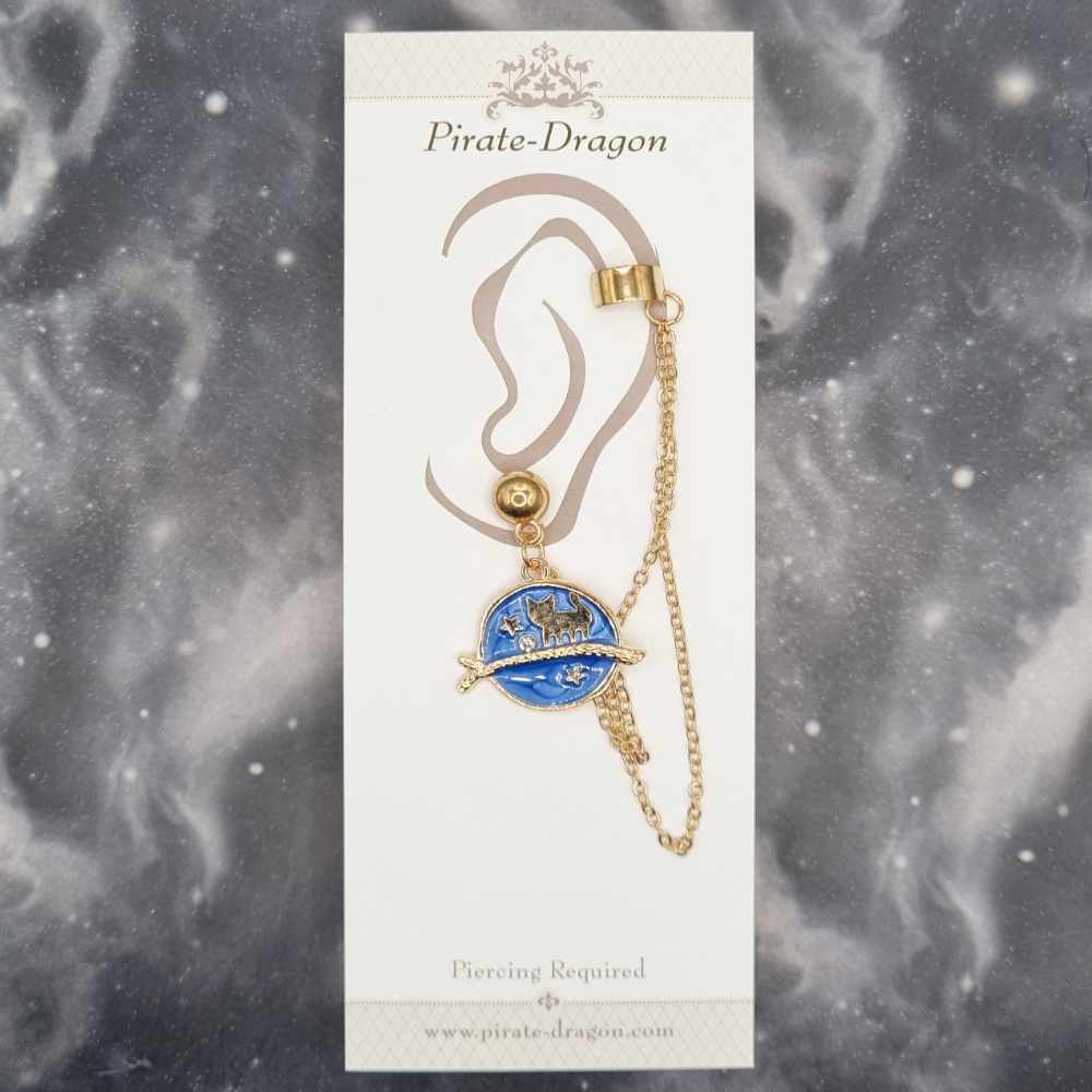 Cat Silhouette on Blue Moon with Gold Chains Pierced Earcuff (EC99441)