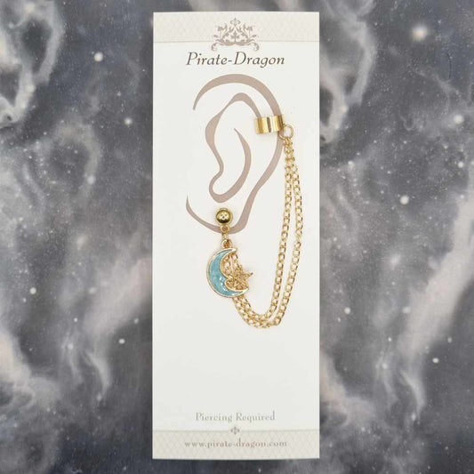 Blue Crescent Moon with Gold Chains Pierced Earcuff (EC99449)