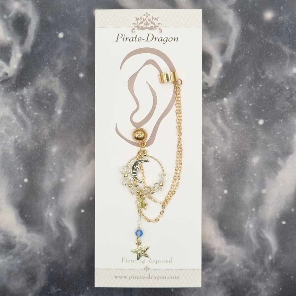Moon & Star with Beads & Gold Chains Pierced Earcuff (EC99454)