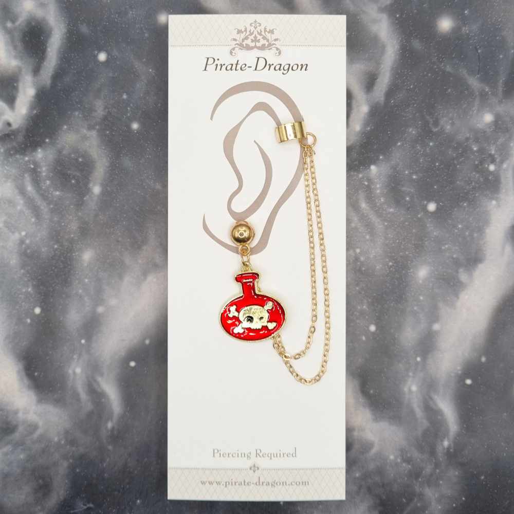 Red Poison Bottle with Gold Chains Pierced Earcuff (EC99470)