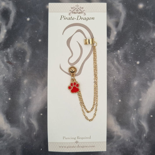 Red Paw Print with Gold Chains Pierced Earcuff (EC99480)