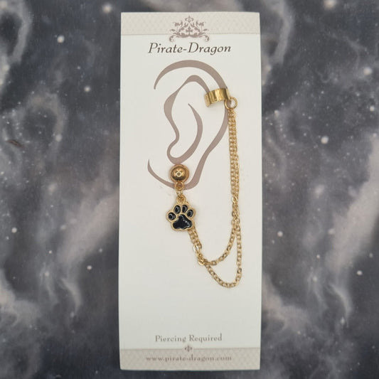 Black Paw Print with Gold Chains Pierced Earcuff (EC99482)