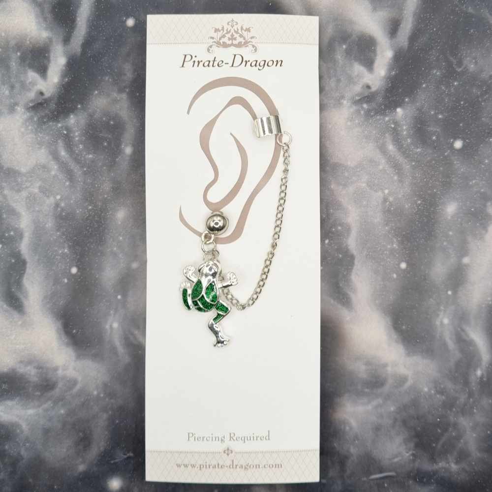 Green Frog with Silver Chains Pierced Earcuff (EC99492)