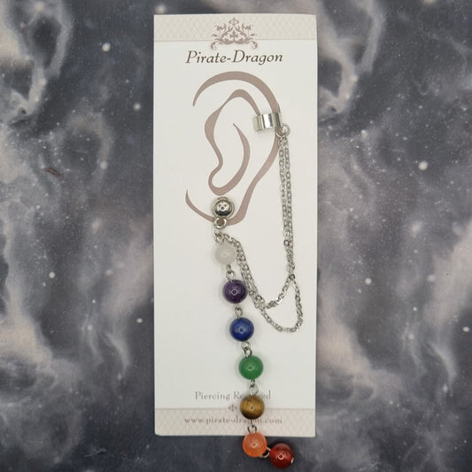 Chakra Bead Drop with Silver Chains Pierced Earcuff (EC99493)