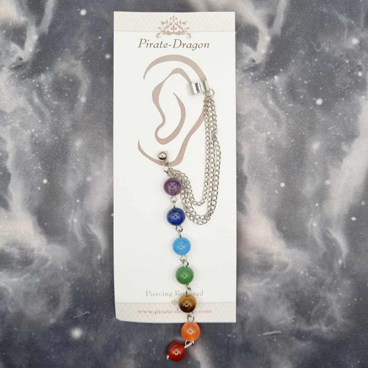 Chakra Bead Drop with Silver Chains Pierced Earcuff (EC99494)