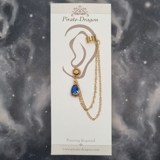 Blue Gem Teardrop with Gold Chains Pierced Earcuff (EC99502)