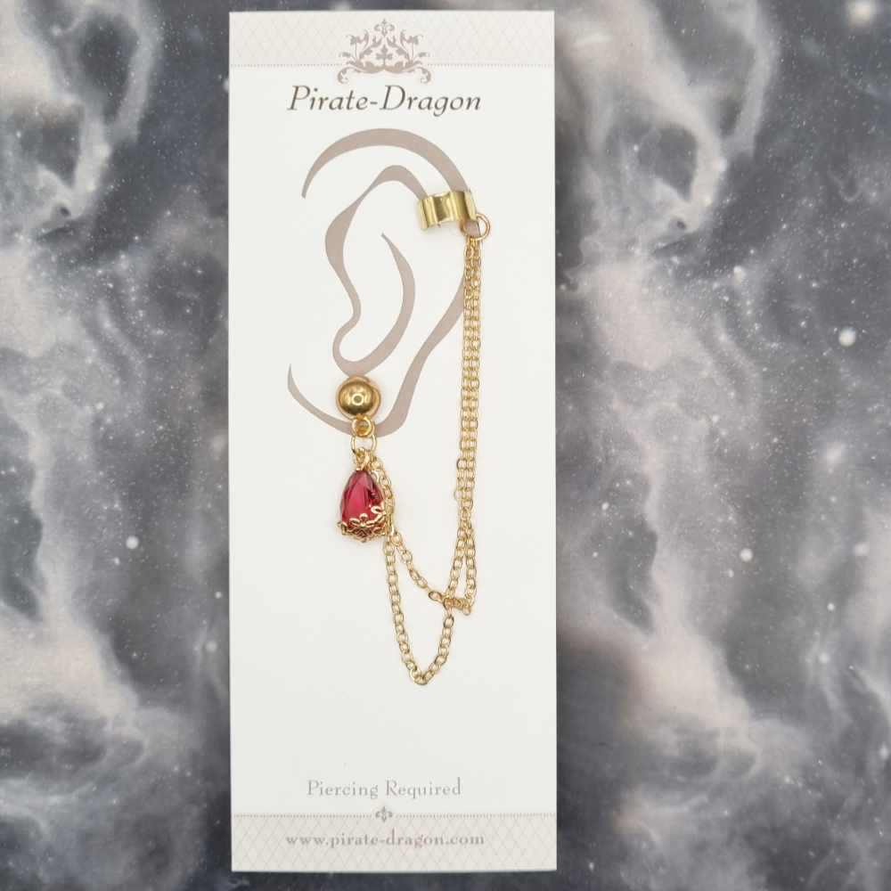 Pink Red Gem Teardrop with Gold Chains Pierced Earcuff (EC99512)