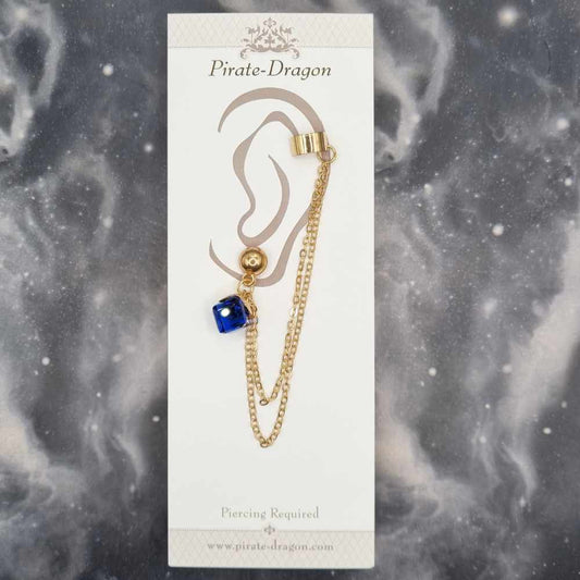 Blue Cube Gem with Gold Chains Pierced Earcuff (EC99513)