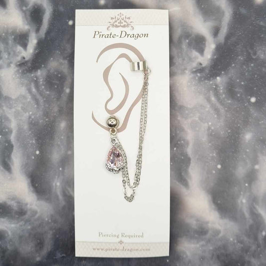 Pink Gem Teardrop with Silver Chain Pierced Earcuff (EC99515)