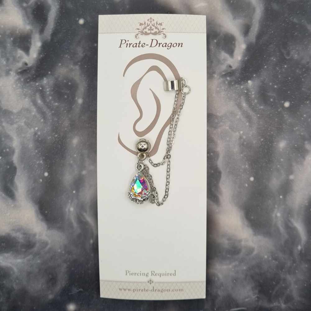 Iridescent Gem Teardrop with Silver Chain Pierced Earcuff (EC99516)