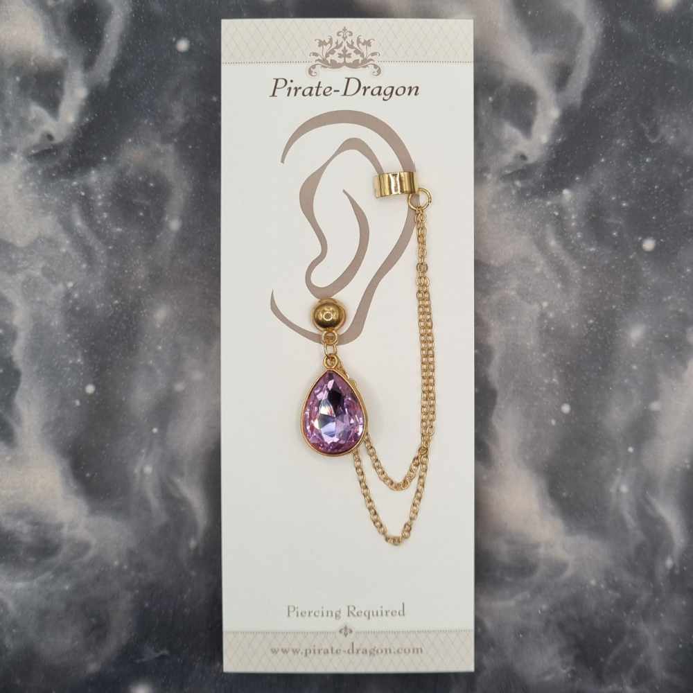 Pink Gem Teardrop with Gold Chains Pierced Earcuff (EC99527)