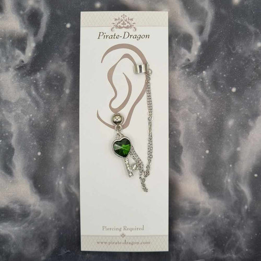 Green Heart Gem Key with Silver Chains Pierced Earcuff (EC99528)