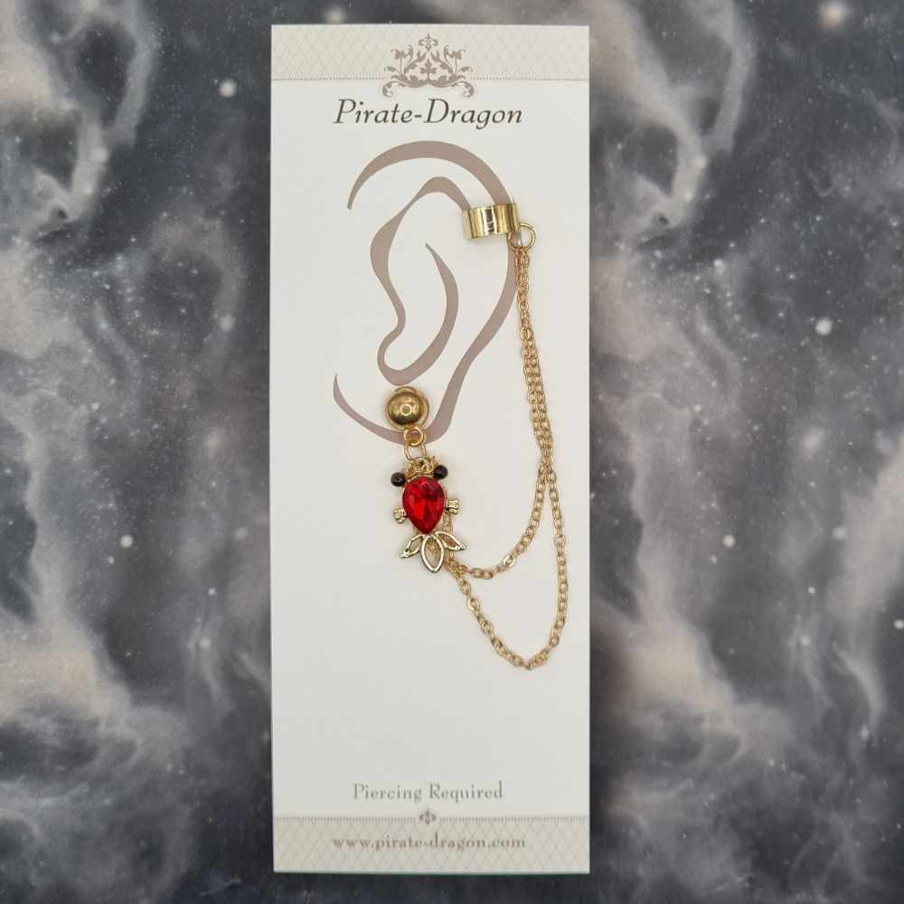 Red Gem Fish with Gold Chains Pierced Earcuff (EC99532)