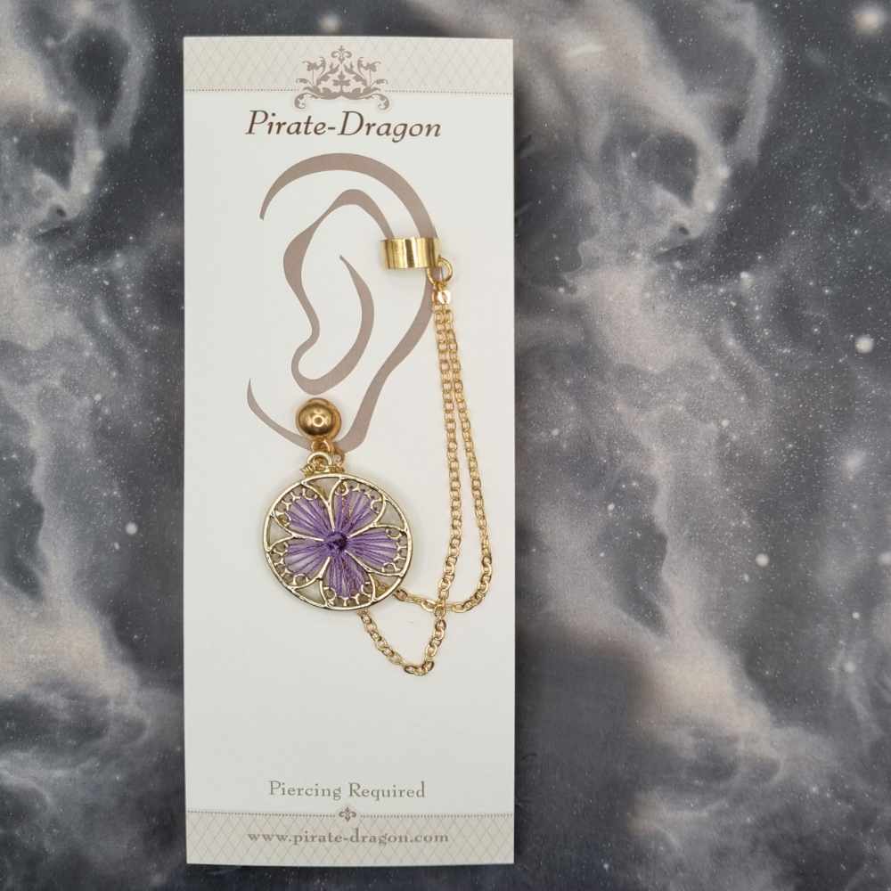 Purple Thread Flower with Gold Chains Pierced Earcuff (EC99544)