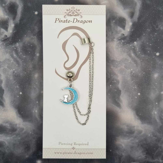 Cat on Blue Moon with Silver Chains Pierced Earcuff (EC99548)