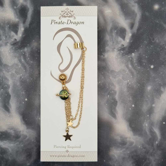 Pearlescent Green Planet & Stars with Gold Chains Pierced Earcuff (EC99553)