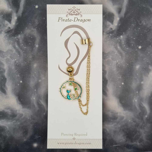 Blue Cat & Stars with Gold Chains Pierced Earcuff (EC99555)