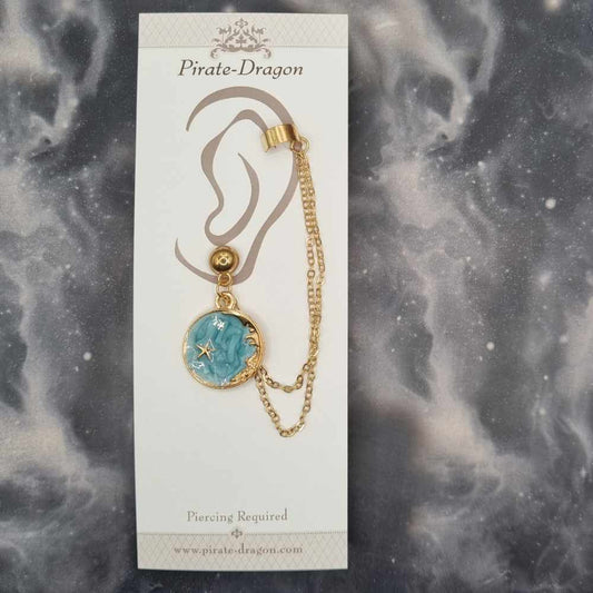 Blue Crescent Moon & Star with Gold Chains Pierced Earcuff (EC99562)