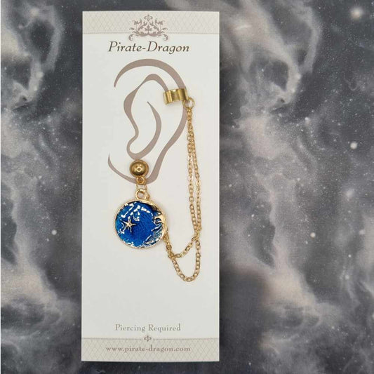 Blue Crescent Moon & Star with Gold Chains Pierced Earcuff (EC99563)