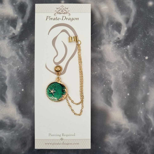 Green Crescent Moon & Star with Gold Chains Pierced Earcuff (EC99564)