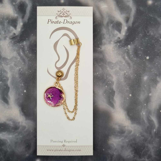 Purple Crescent Moon & Star with Gold Chains Pierced Earcuff (EC99565)