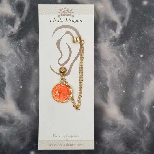 Orange Crescent Moon & Star with Gold Chains Pierced Earcuff (EC99567)