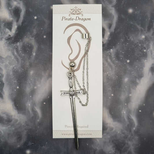 Silver Sword with Silver Chains Pierced Earcuff (EC99573)